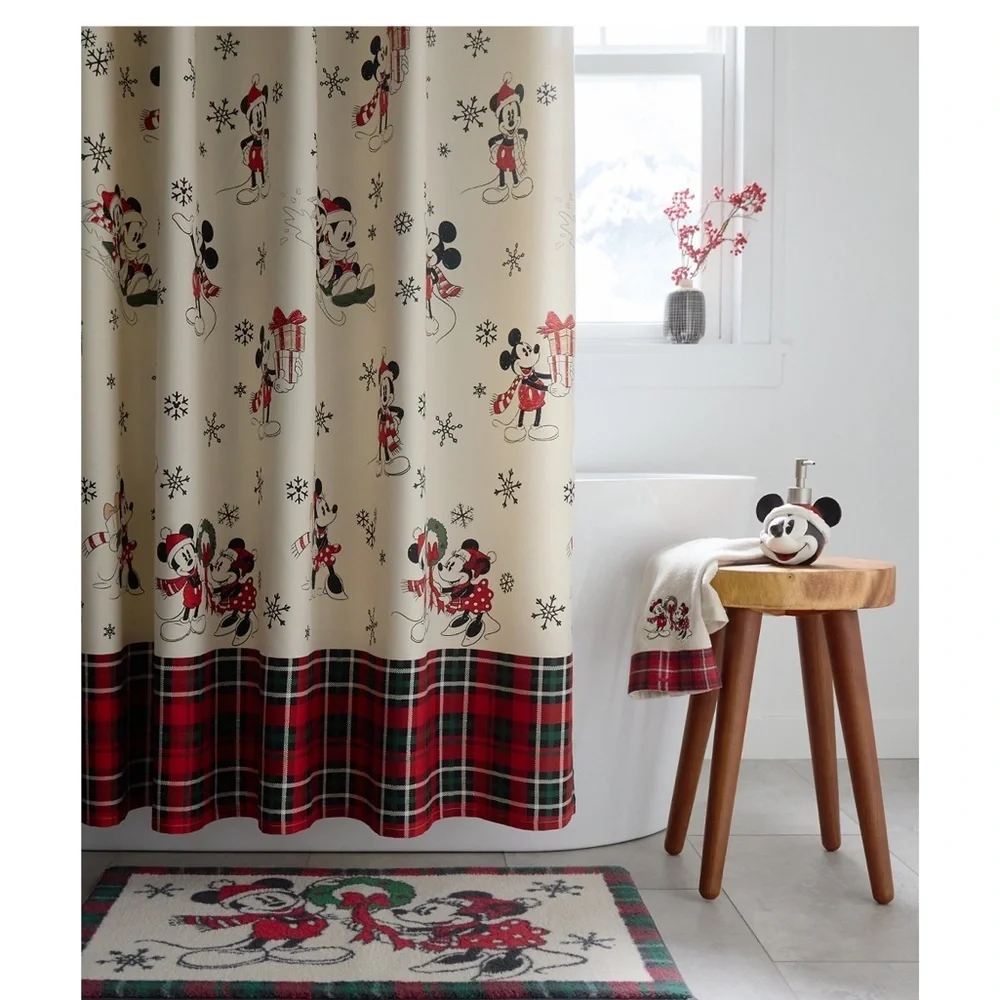 🆕 DISNEY Mickey and Minnie Shower Curtain Bath Rug  Hand Towel Bathroom Set